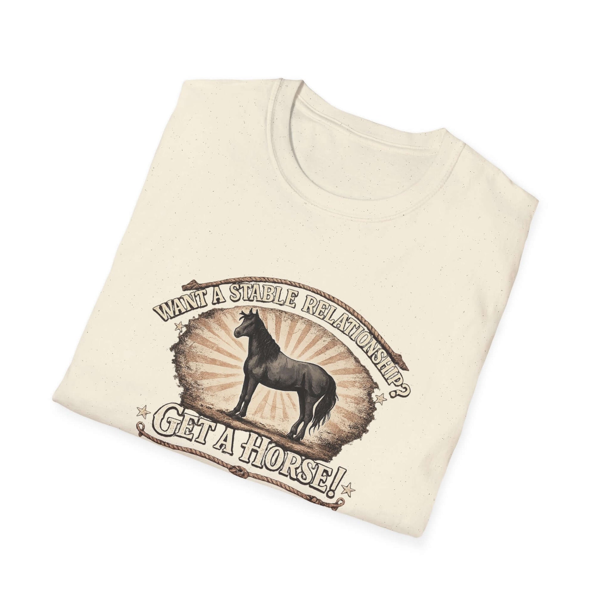Get a Horse T-Shirt featuring barnyard humor with a silhouette horse design and rustic typography.