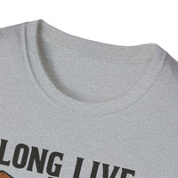 Close-up of Long Live the Cowgirl horseshoe graphic t-shirt collar and neckline detail.