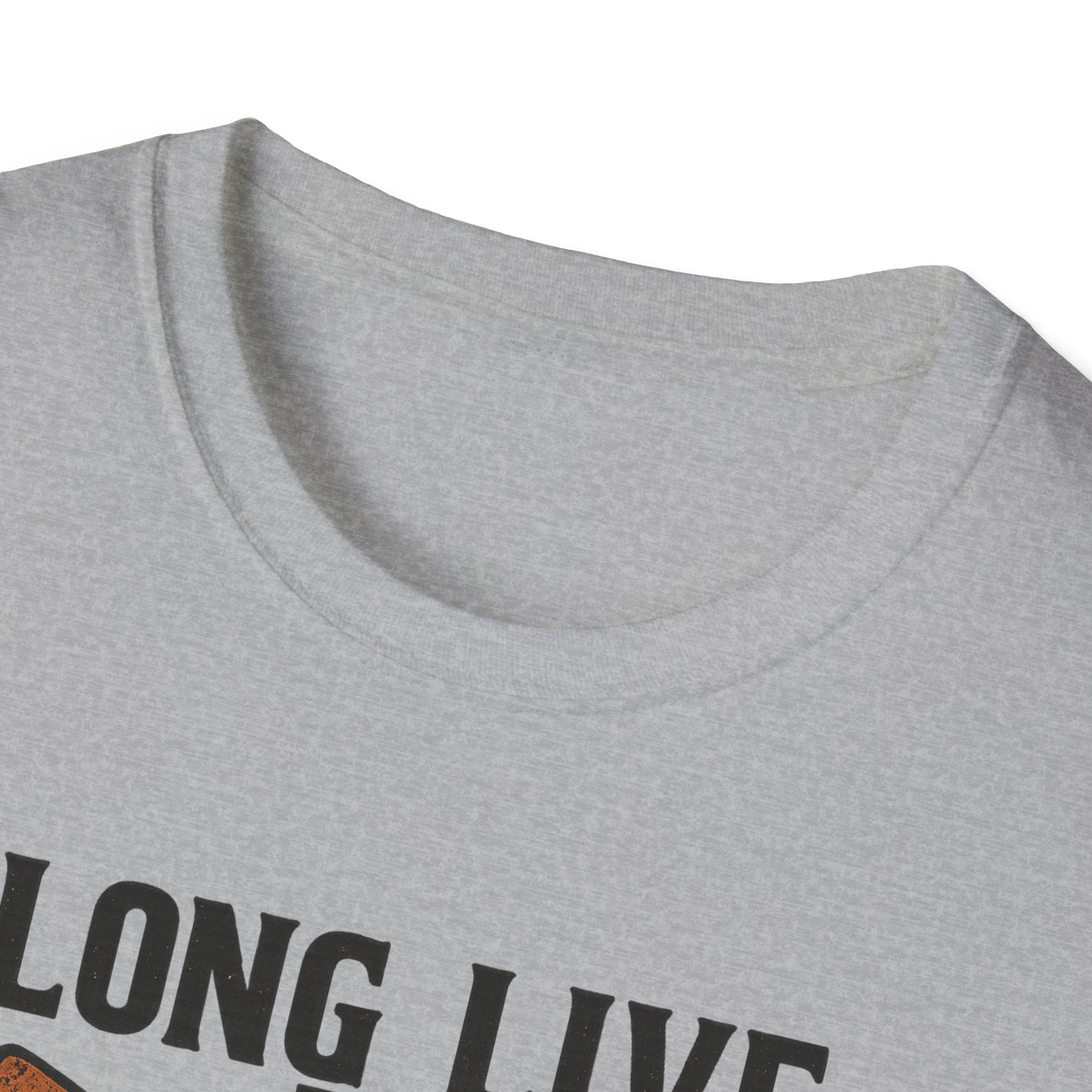 Close-up of Long Live the Cowgirl horseshoe graphic t-shirt collar and neckline detail.