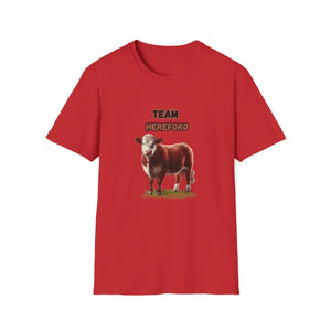 Hereford T-Shirt featuring a Hereford cow and 'TEAM HEREFORD' lettering on a red tee.