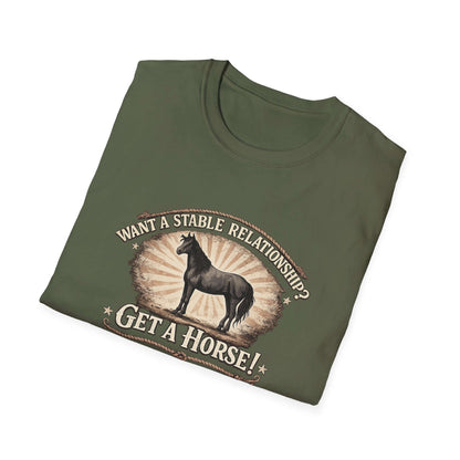 Get A Horse T-Shirt featuring barnyard humor and vintage-inspired design with a horse silhouette.