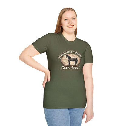 Model wearing Get A Horse T-Shirt featuring barnyard humor and vintage-style horse graphic.