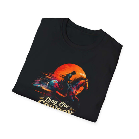 Folded black t-shirt with "Long Live the Cowboy" graphic and horse silhouette against a sunset background.