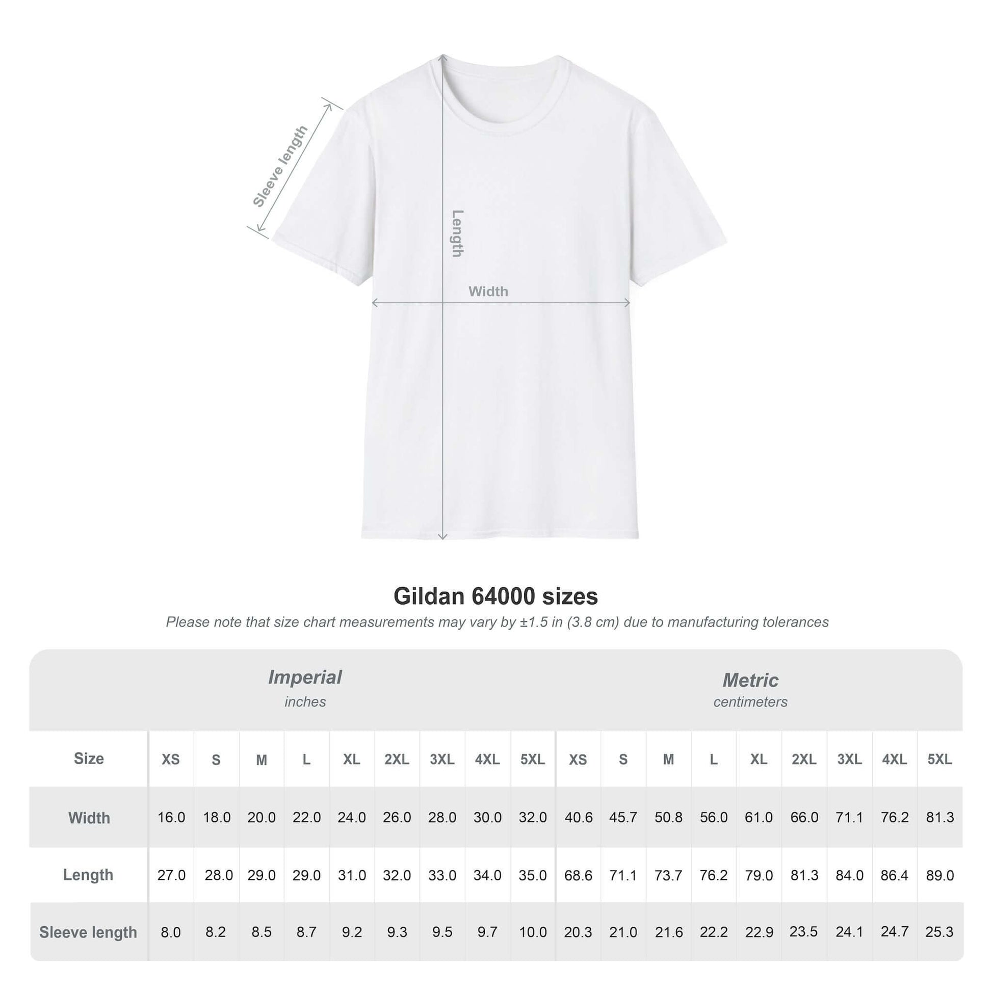 Size chart for Gildan 64000 t-shirt showing measurements in inches and centimeters for various sizes.