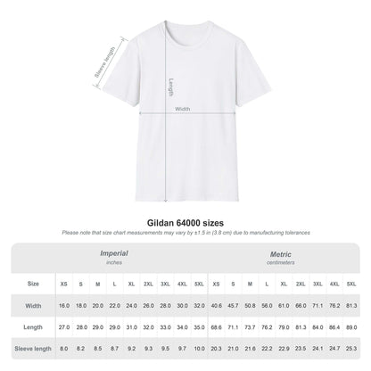 Size chart for Gildan 64000 t-shirt showing measurements in inches and centimeters for various sizes.
