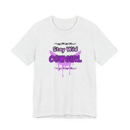 Cowgirl Western Tee with Stay Wild COWGIRL graphic on a lightweight white t-shirt, showcasing a playful cowgirl style.