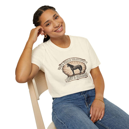 Woman wearing Get A Horse T-Shirt featuring barnyard humor and a horse silhouette graphic.