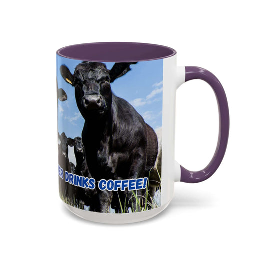 Black Angus Coffee Mug featuring a humorous cow graphic and colorful handle, perfect for ranchers and gifts for Dad.