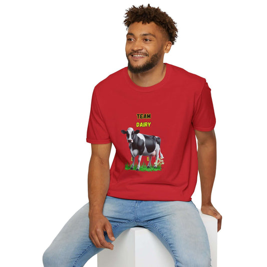Man wearing a red Team Dairy T-Shirt featuring a cow and grass design, perfect for livestock shows.