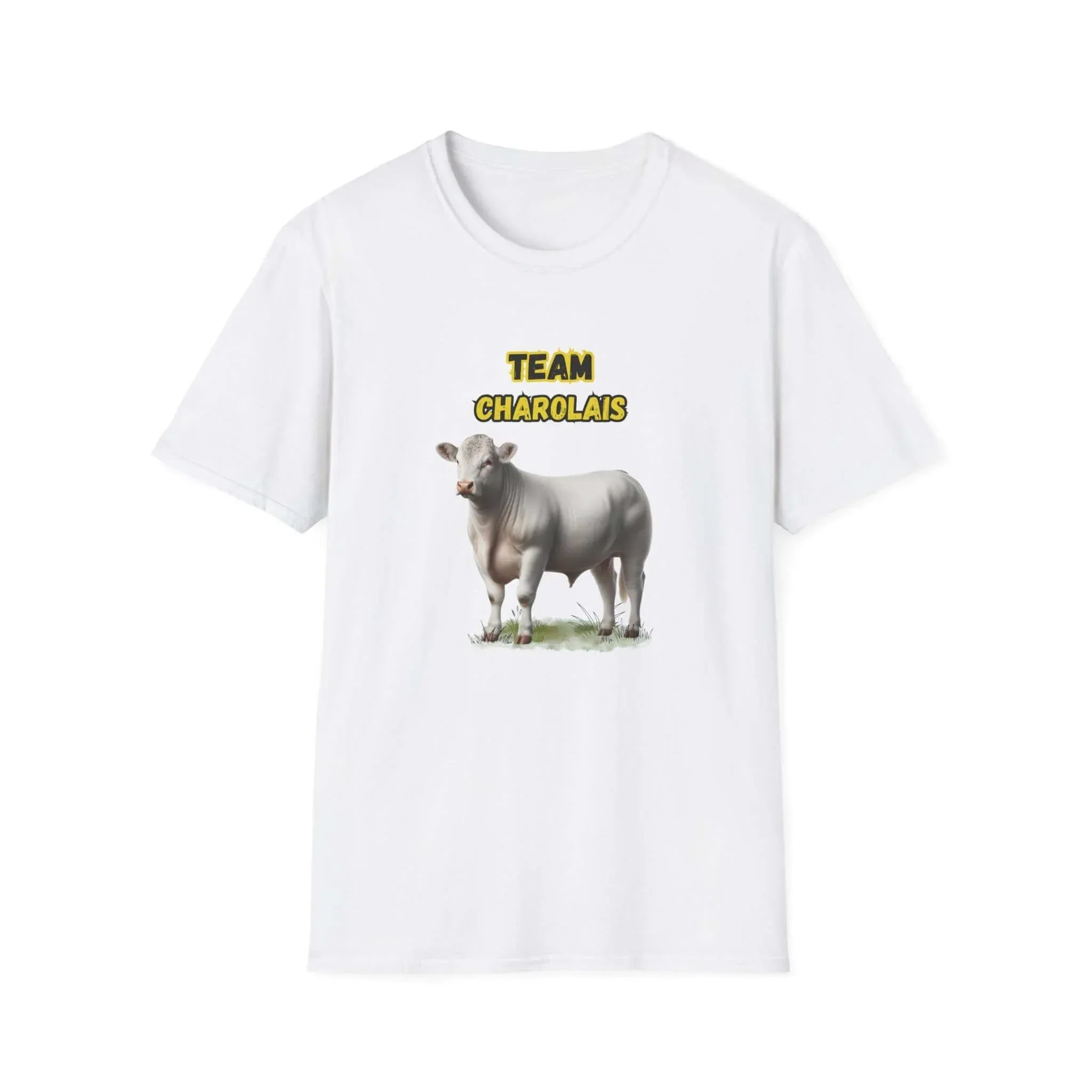 Charolais T-Shirt featuring a Charolais cow with text 'Team Charolais' for cattle farmers and livestock enthusiasts.