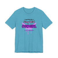 Cowgirl Western Tee featuring Stay Wild COWGIRL graphic on a turquoise short sleeve shirt.