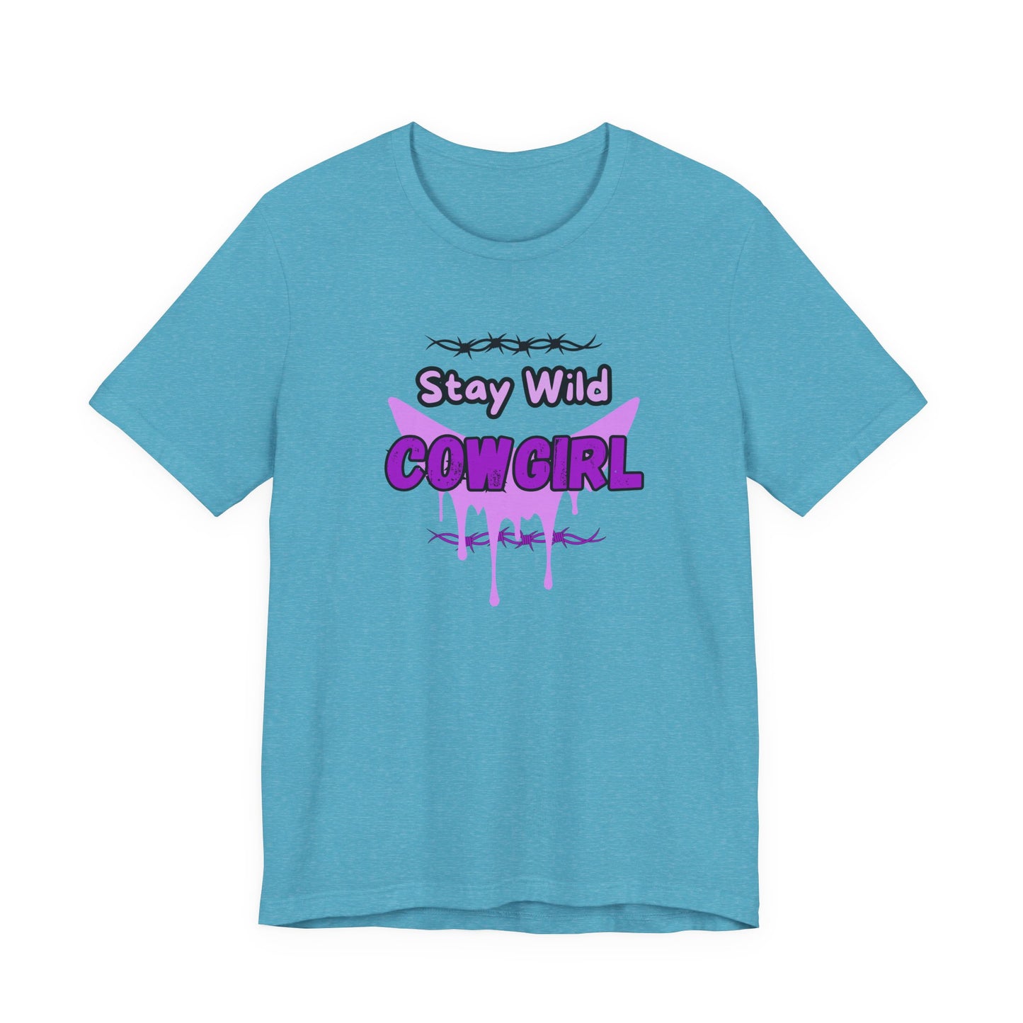 Cowgirl Western Tee featuring Stay Wild COWGIRL graphic on a turquoise short sleeve shirt.