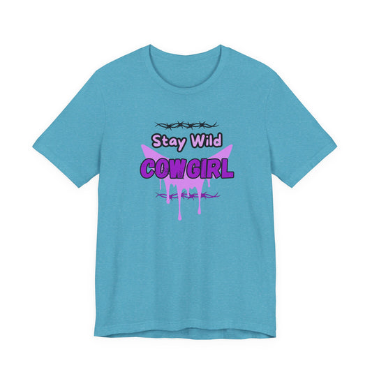 Cowgirl Western Tee featuring Stay Wild COWGIRL graphic on a turquoise short sleeve shirt.