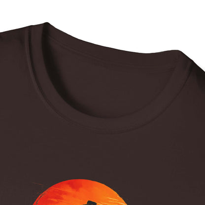 Close-up view of the Long Live the Cowboy Western Horse T-Shirt for Men, featuring vibrant sunset design on a black fabric.