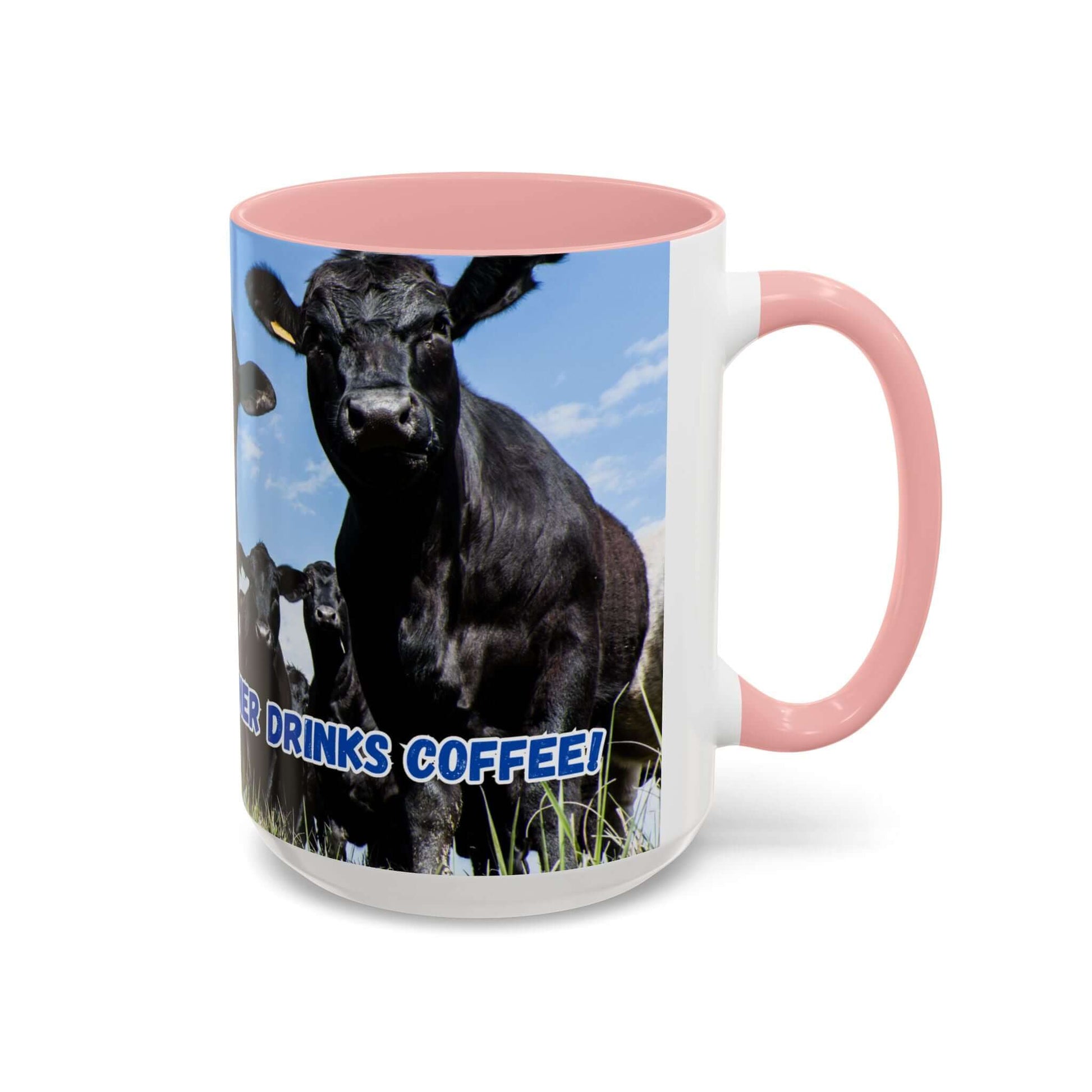 Black Angus Coffee Mug featuring a cow and humorous quote, perfect gift for ranchers and dads.