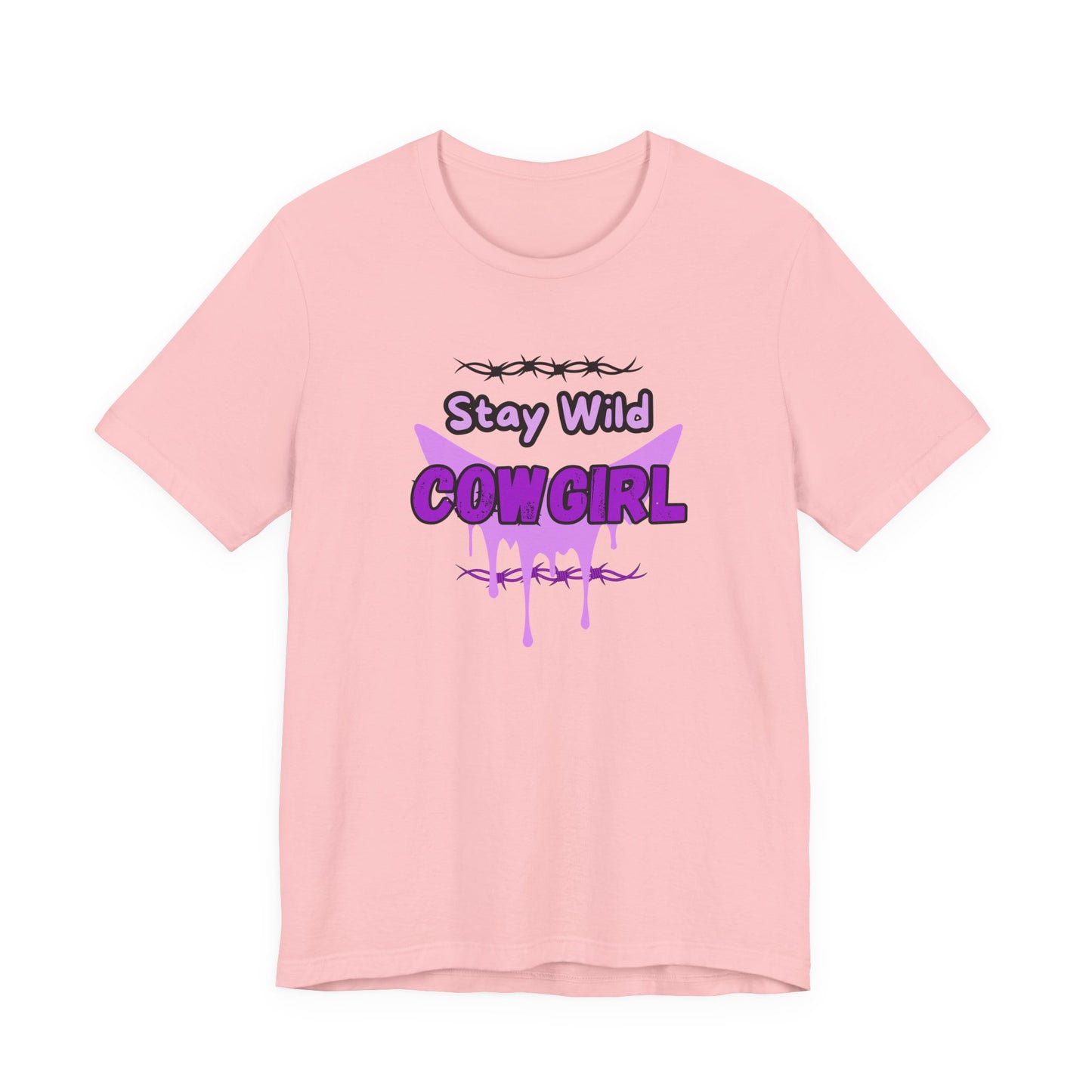 Cowgirl Western Tee with Stay Wild COWGIRL graphic on a pink t-shirt, showcasing a playful cowgirl vibe.