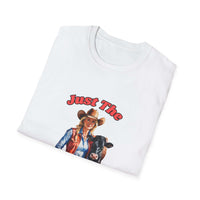 Funny Farm Wife Shirt featuring a cheerful woman in a cowboy hat with a cow, showcasing farm life humor.