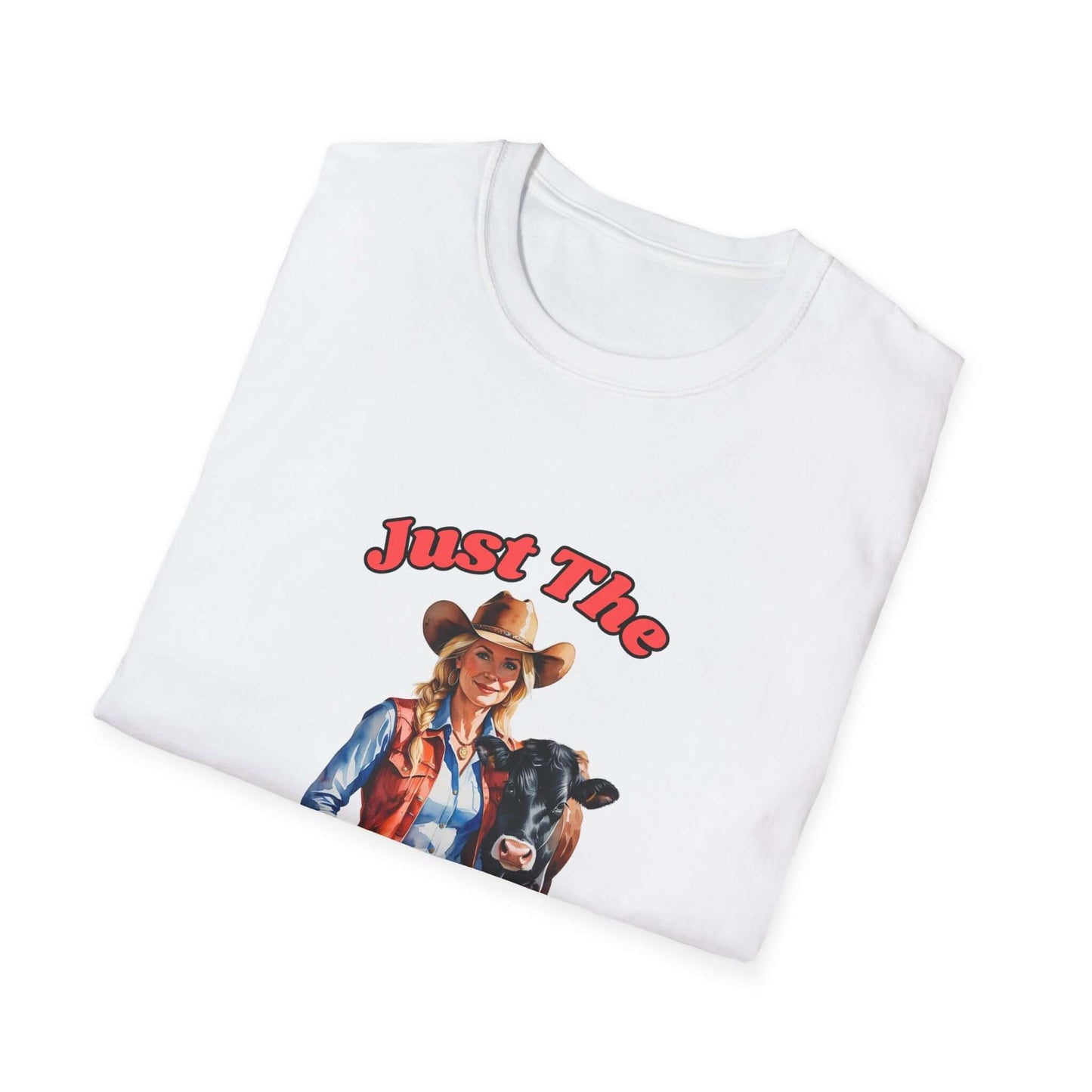 Funny Farm Wife Shirt featuring a cheerful woman in a cowboy hat with a cow, showcasing farm life humor.