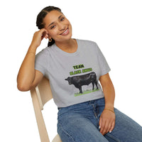 Model wearing a gray Black Angus Lover T-Shirt with the text 'TEAM BLACK ANGUS' and a graphic of a Black Angus cow.