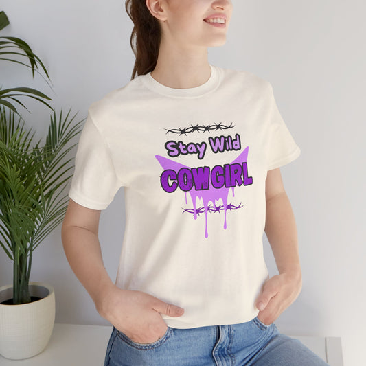 Cowgirl Western Tee featuring Stay Wild COWGIRL graphic on a lightweight white t-shirt, perfect for a bold fashion statement.