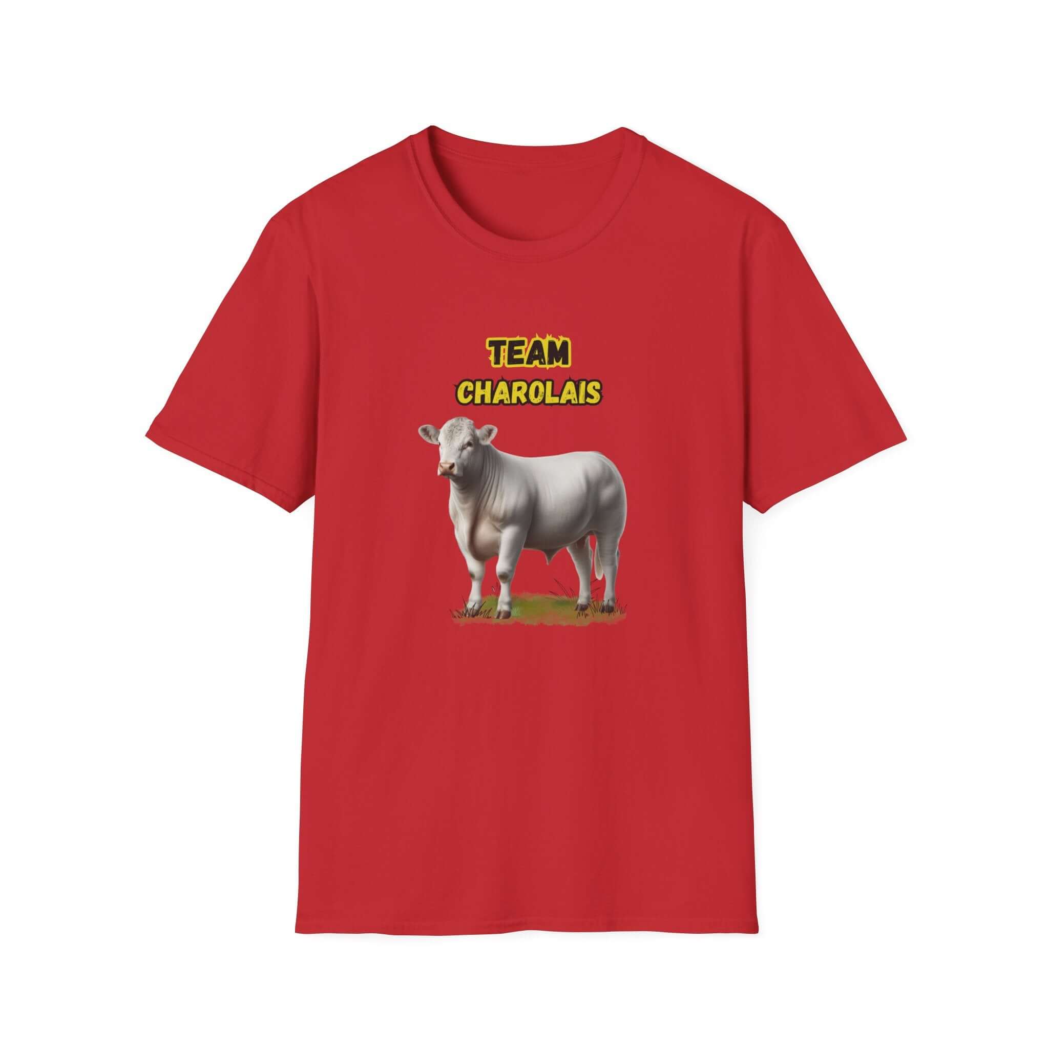 Charolais T-Shirt featuring a graphic of a Charolais cow with the text 'TEAM CHAROLAIS' on a red background.