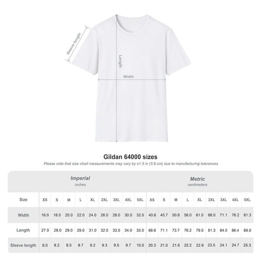 Size chart for Gildan 64000 t-shirts including Imperial and Metric measurements for width and sleeve length.