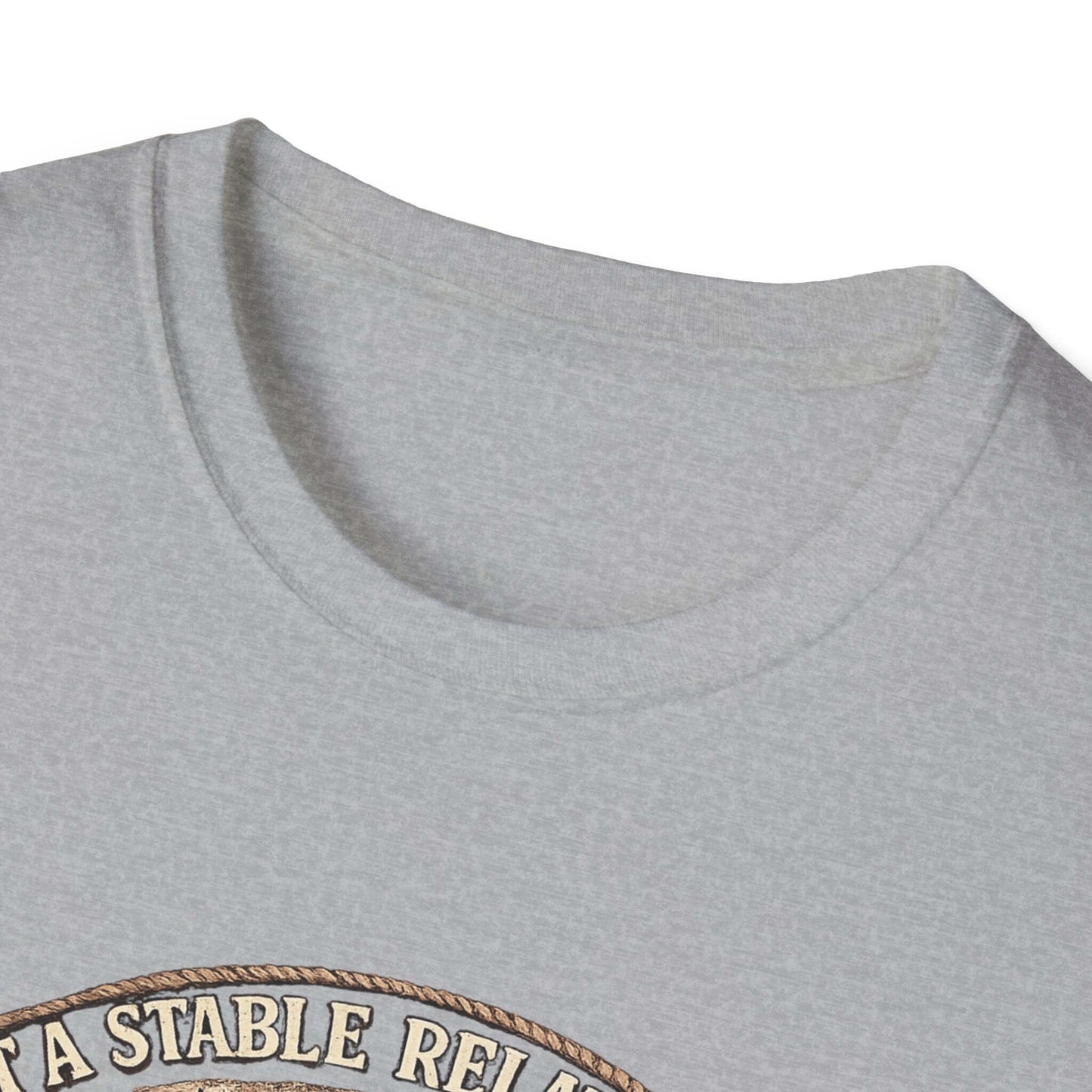 Get a Horse T-Shirt neckline showing barnyard humor design, perfect for cowgirl style and casual wear.