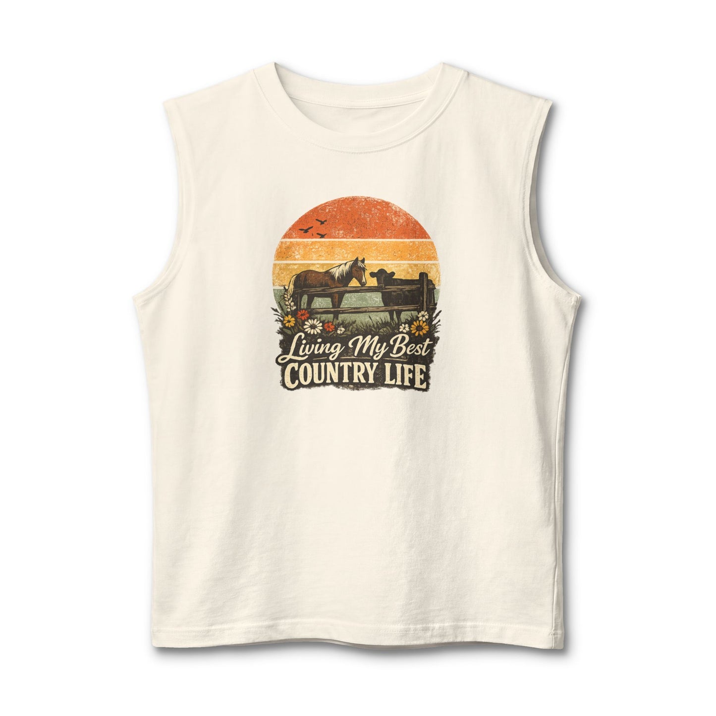 Country Life Tank featuring vintage sunset artwork with a horse and the text 'Living My Best COUNTRY LIFE'.