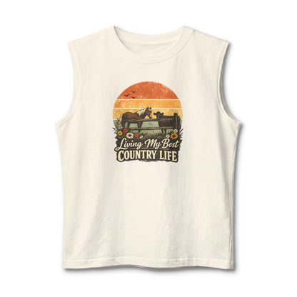 Country Life Tank featuring vintage sunset artwork with a horse and the text 'Living My Best COUNTRY LIFE'.