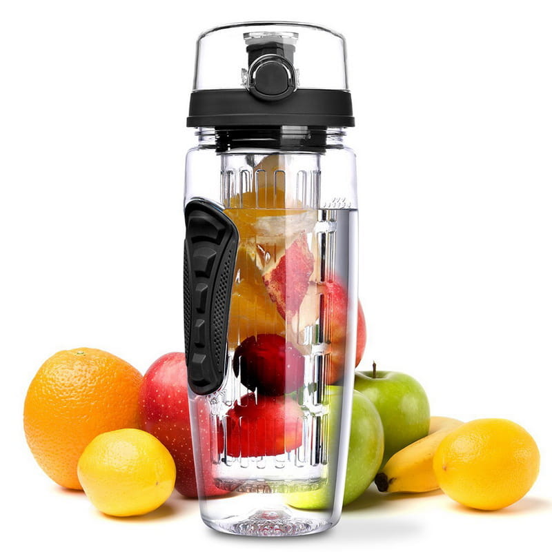 Fruit infusion water bottle with fresh fruits around, BPA free plastic sport shaker