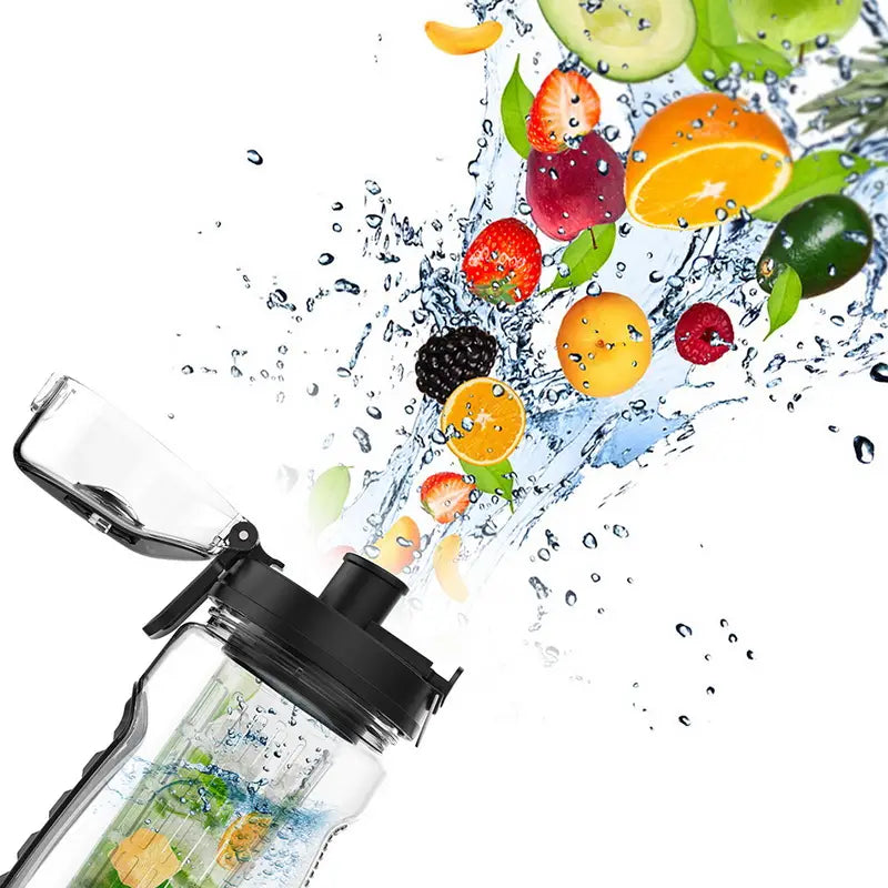 Fruit-infused water bottle made of BPA-free plastic with a 32oz capacity for healthy hydration