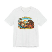 Life's A Beach Western Tee featuring a cowgirl relaxing with a horse and sunset, perfect for beach lovers.
