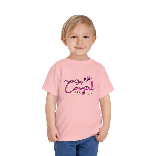 Toddler Cowgirl Tee featuring a playful design reading 'Stay Wild Cowgirl' on a young child.