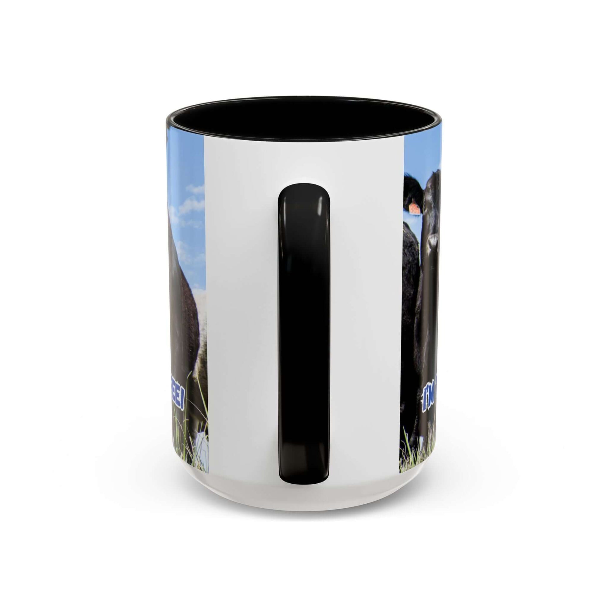 Black Angus Coffee Mug featuring bold black Angus artwork and a black handle, perfect for ranchers and gifts for Dad.
