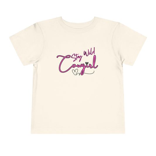 Toddler Cowgirl Tee featuring a playful design that says 'Stay Wild Cowgirl' on a soft, lightweight fabric.