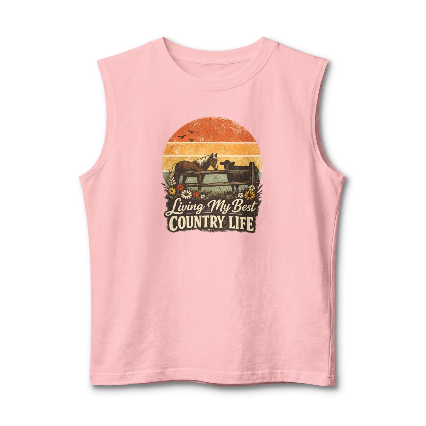 Country Life Tank featuring sunset artwork, perfect for summer days on the farm.