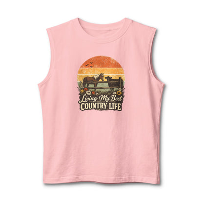 Country Life Tank featuring sunset artwork, perfect for summer days on the farm.
