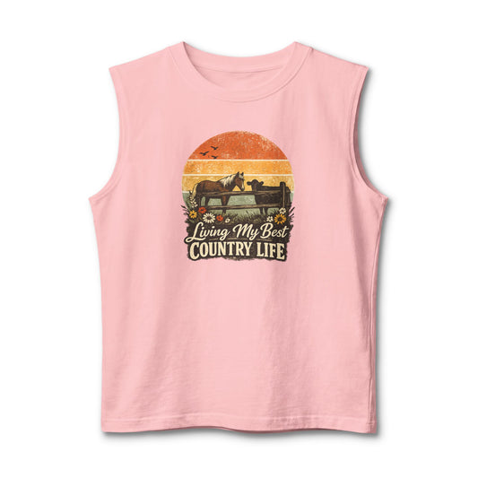 Country Life Tank featuring sunset artwork, perfect for summer days on the farm.