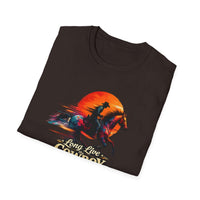 Long Live the Cowboy, Western horse T-shirt for men with vibrant artwork and silhouette design.