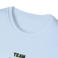 Close-up of Brangus Cattle Farmer Tee collar featuring Team Brangus print on light blue fabric