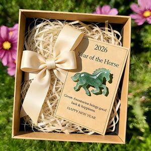 Good Luck Horse gift box for 2026 Year of the Horse with green aventurine and bow, symbolizing luck and happiness.