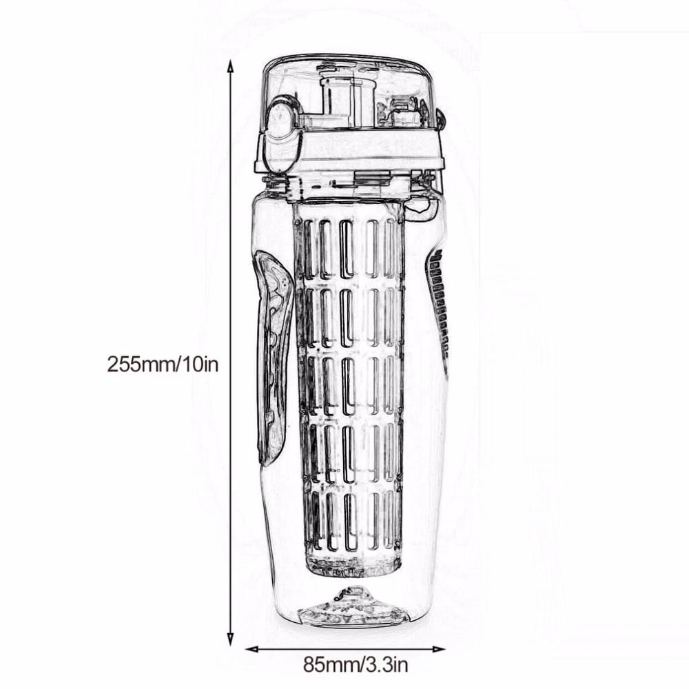 Fruit infuser water bottle with dimensions displayed, BPA Free Plastic Sport Shaker 32oz