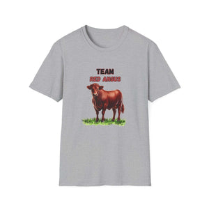 Red Angus T-Shirt featuring a detailed illustration of a Red Angus cow and the text 'TEAM RED ANGUS'.