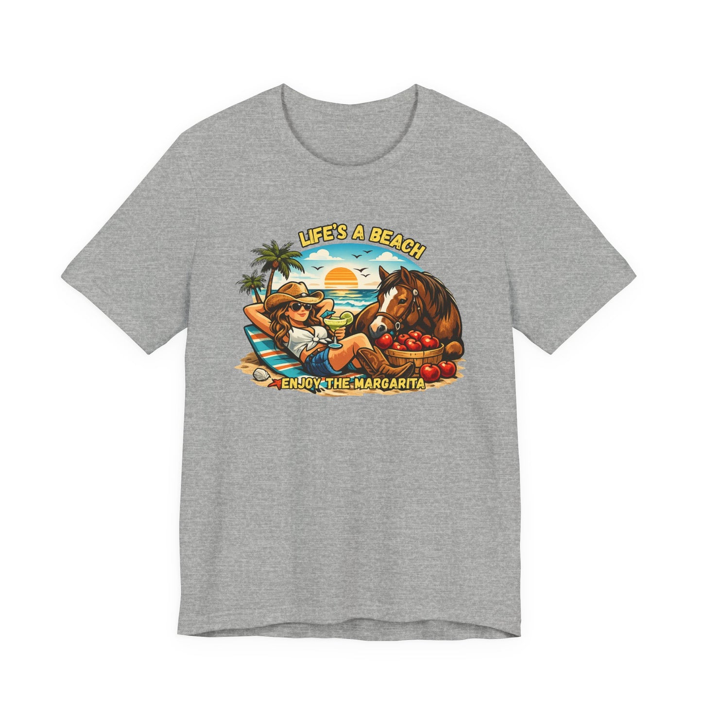 Life's A Beach Western Tee featuring a fun design with a cowgirl and horse, perfect for casual beach days.