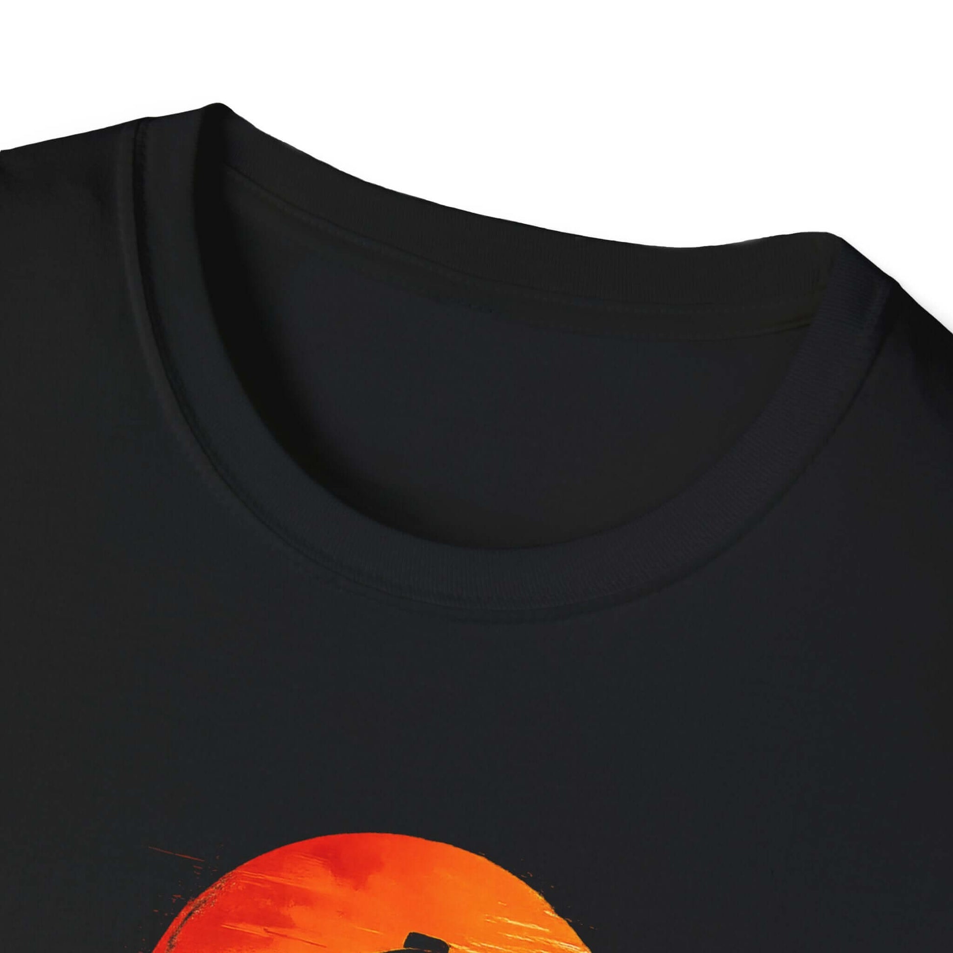 Close-up of the neckline of the Long Live the Cowboy, Western Horse T-Shirt for Men in black fabric.