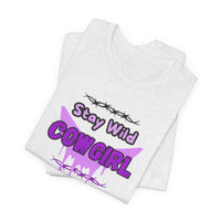 Cowgirl Western Tee featuring 'Stay Wild COWGIRL' graphic on a light gray fabric background.