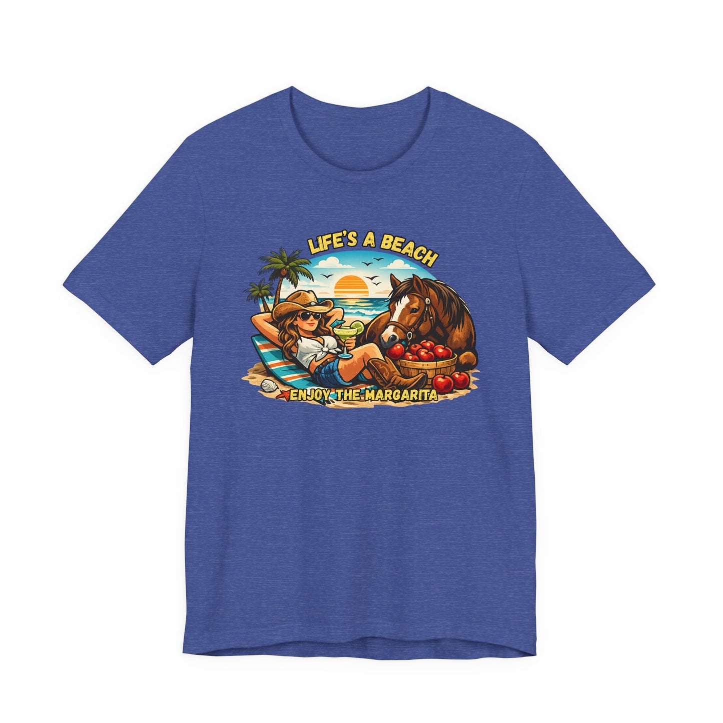 Life's A Beach Western Tee featuring cowboy theme with sunset and relaxing beach vibes.