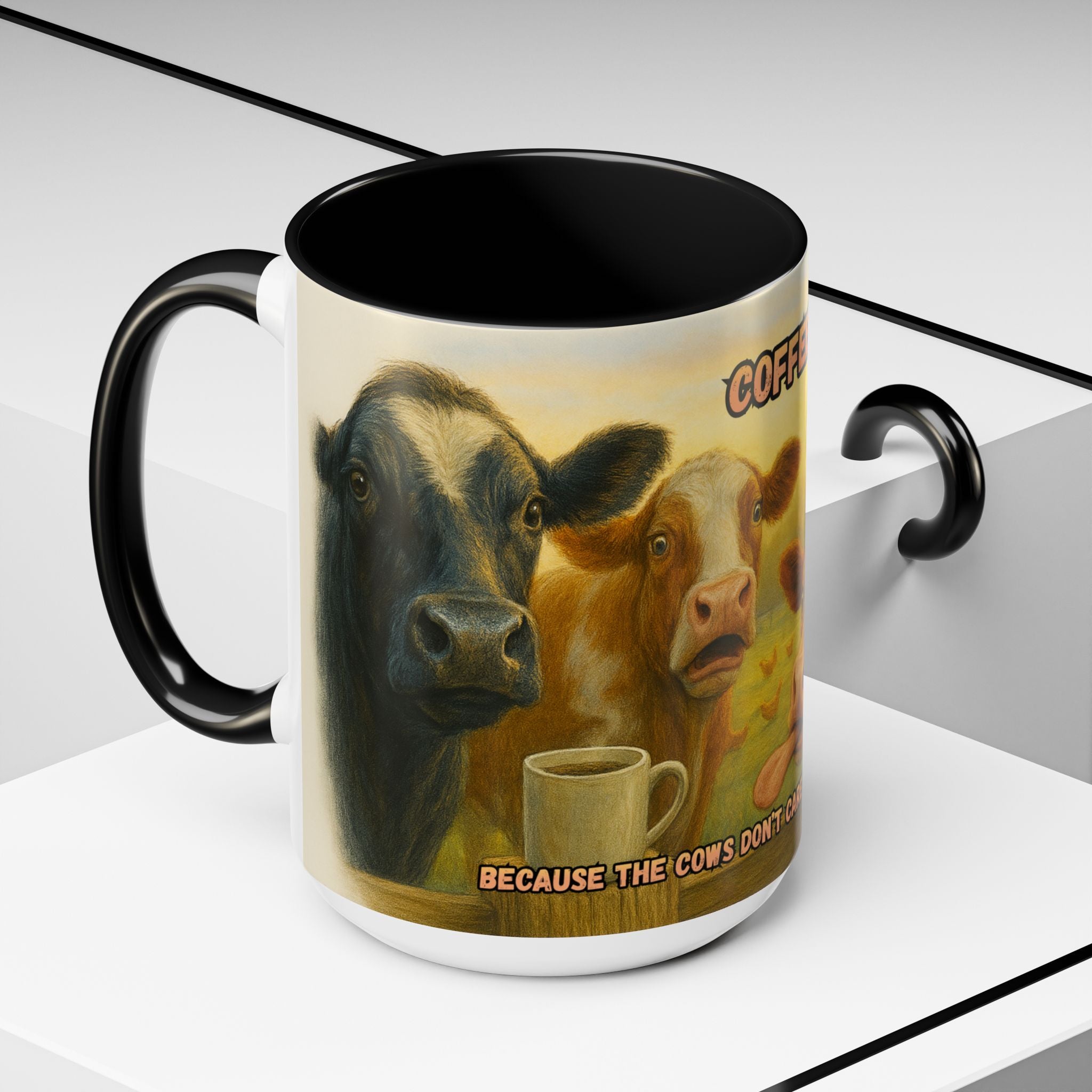 Cow Farm Mug featuring cows and humorous quote 'Because the cows don’t care about my attitude' for ranch enthusiasts.
