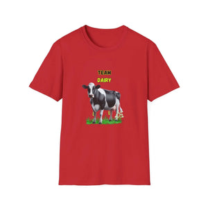 Team Dairy T-Shirt featuring a black and white cow graphic on a red background.