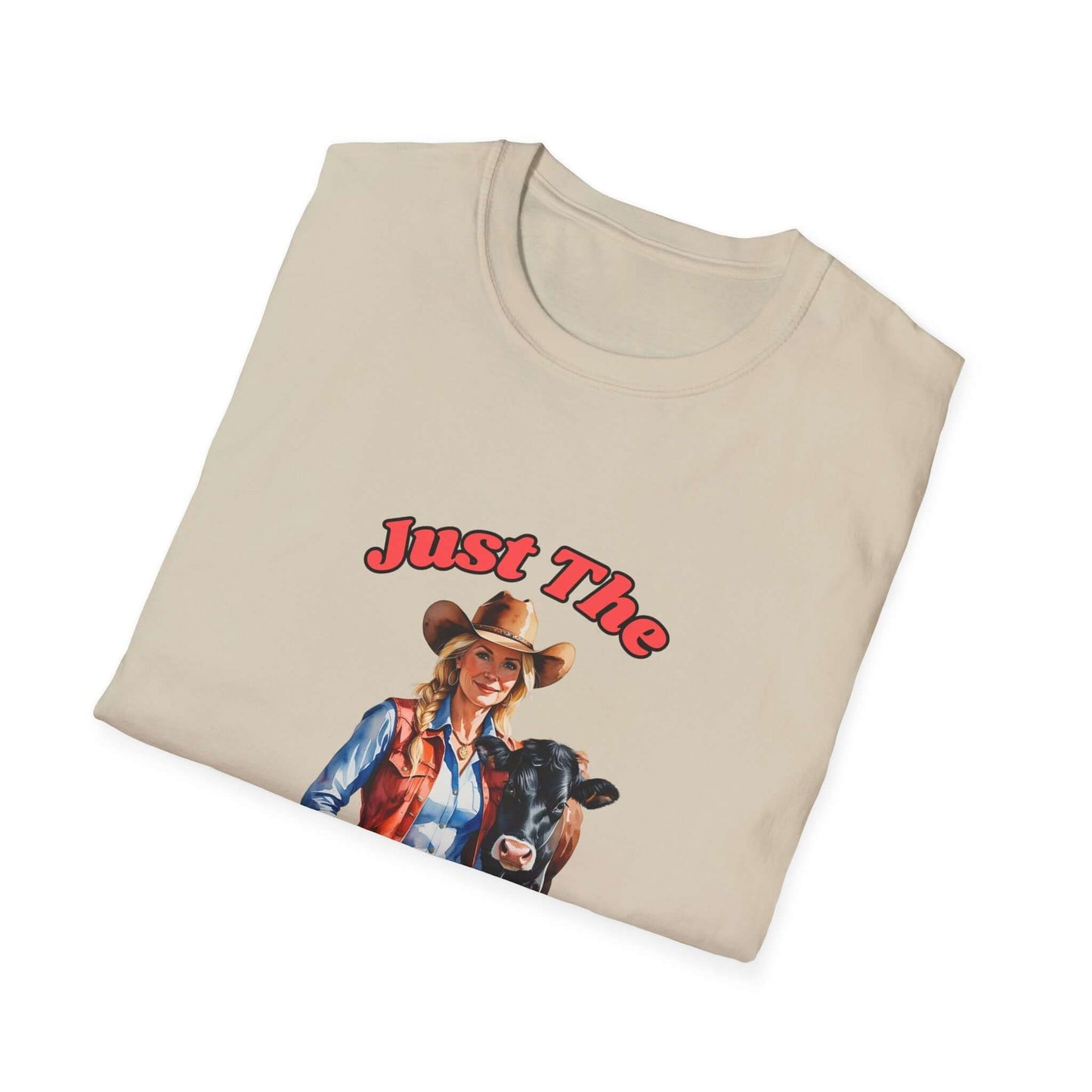 Funny Farm Wife Shirt with a playful design featuring a woman in a cowboy hat and a cow, showcasing farm life humor.